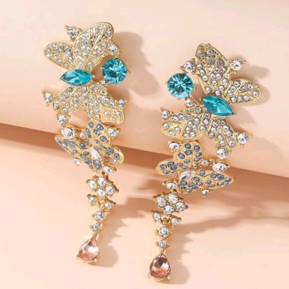 Butterfly Gold Iridescent Crystal Rhinestone Drop Earrings - Picture 4 of 4